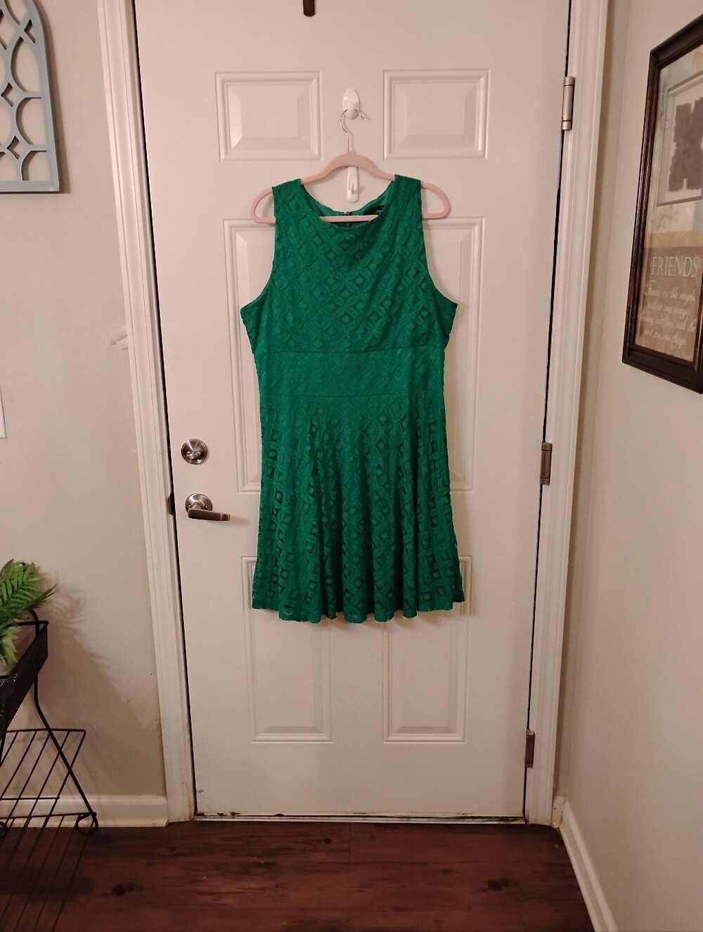 Tiana B. Emerald Green Sleeveless Lace Flare Dress Delicate Floral Overlay